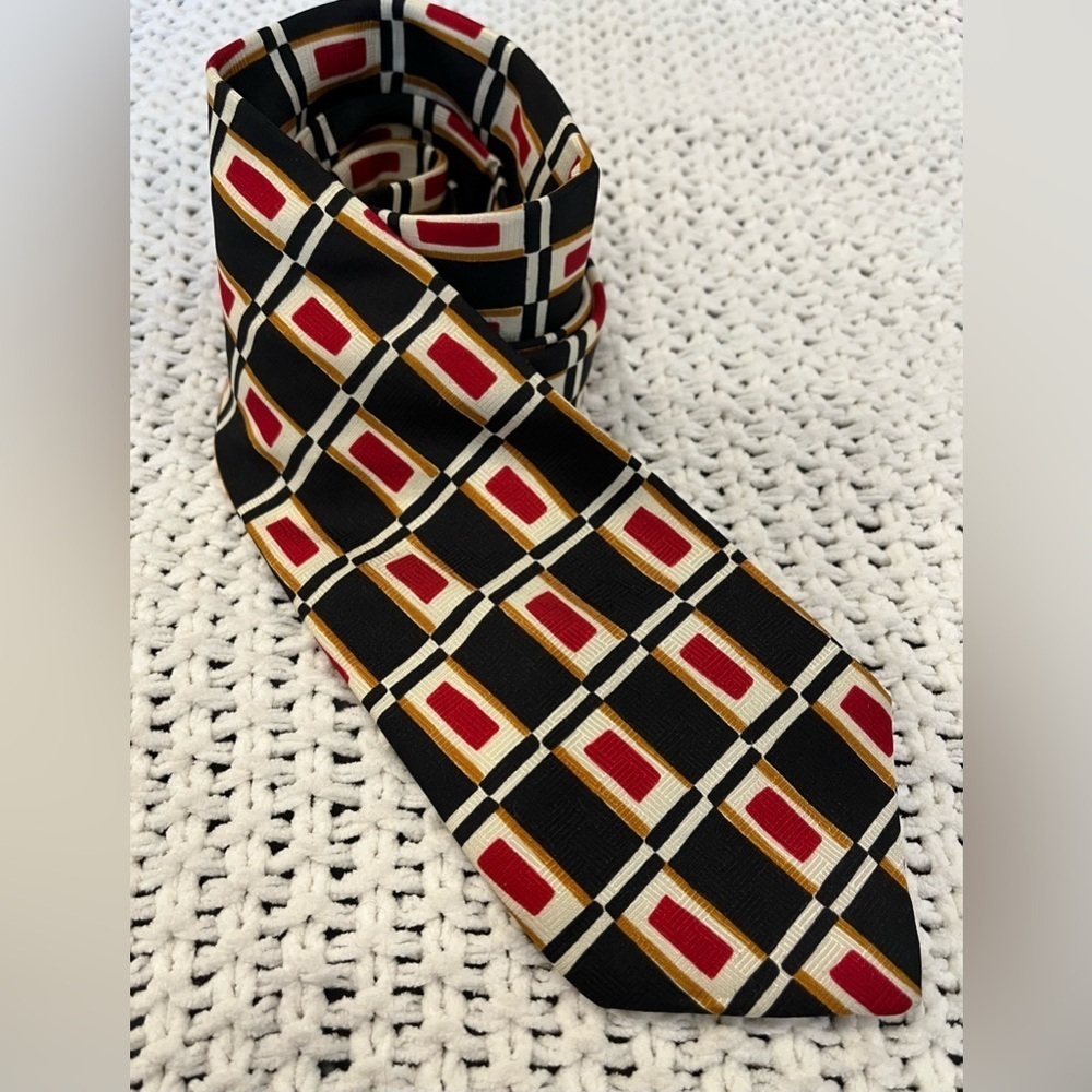 Lands End Men’s Neck Tie 100% Silk Hand Sewn, Black w/Red/Gold/Ivory; 60" x 3.5"